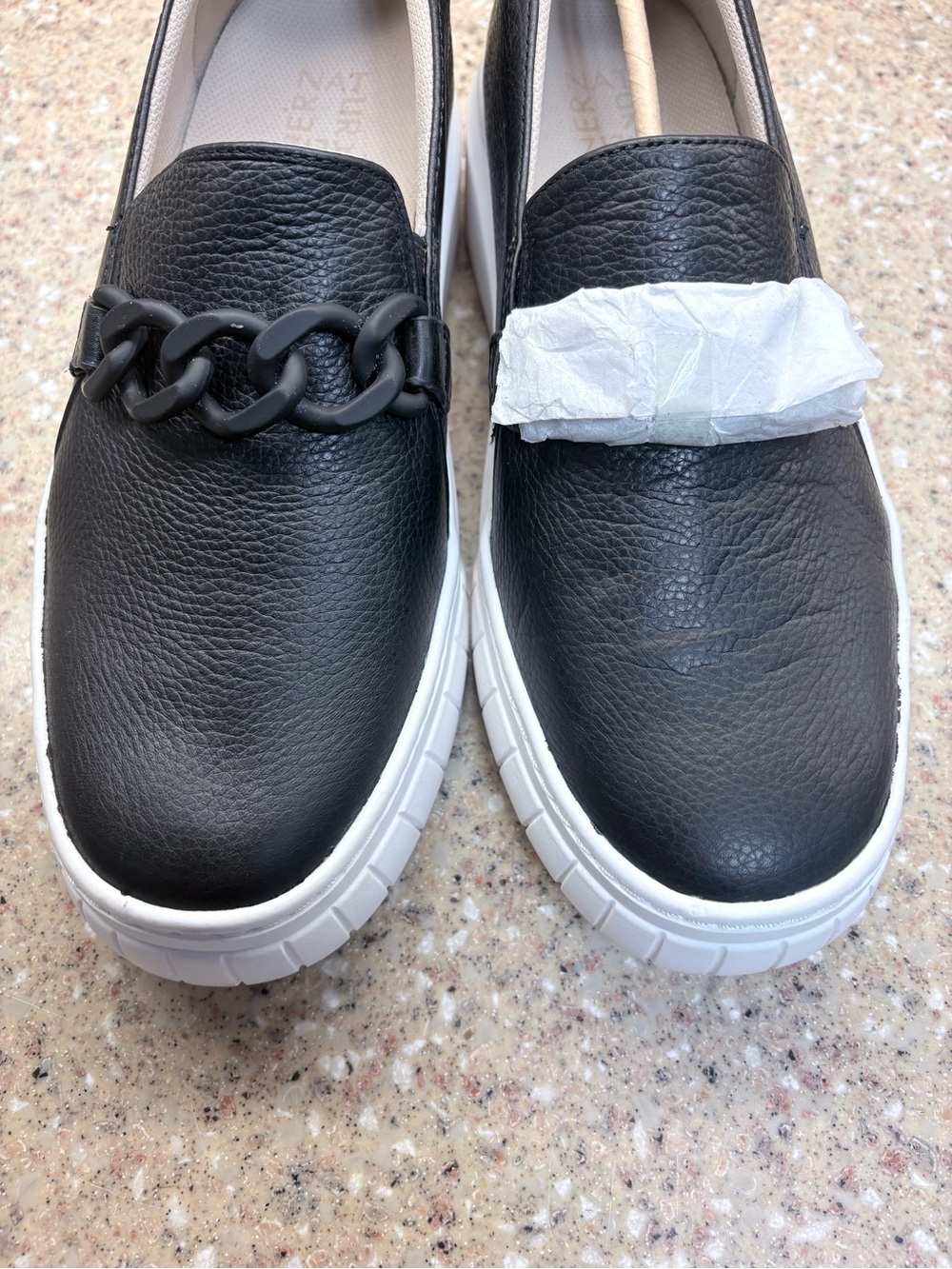 Naturalizer Black Slip-On Loafers with Chain Accent and White Sole NWOB